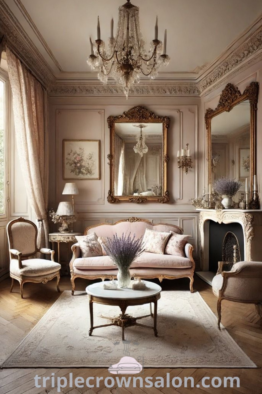 A living room featuring a blush velvet sofa, elegant chandelier, and stylish furniture that exemplifies French chic interior design. This cozy home showcases design trends and decor ideas perfect for creating inspiring spaces. Explore more design inspirations at triplecrownsalon.com.
