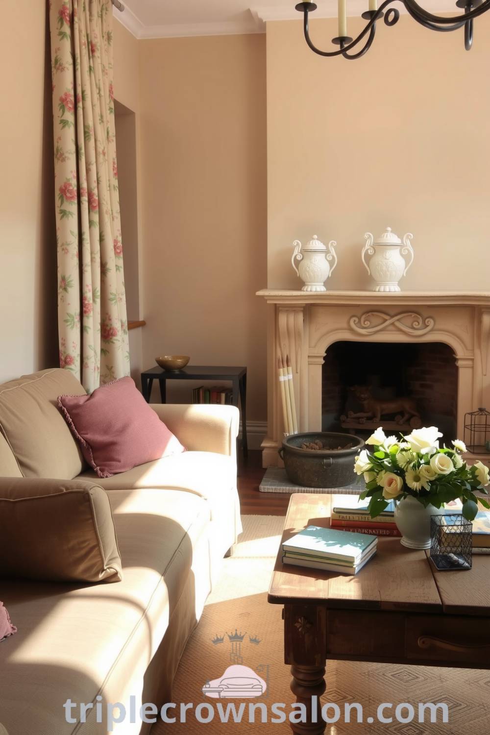 French living room with soft beige walls, vintage floral curtains, a worn sofa, and a wooden coffee table adorned with books and fresh flowers, creating a cozy atmosphere. Visit triplecrownsalon.com for inspiring decor ideas for your home.