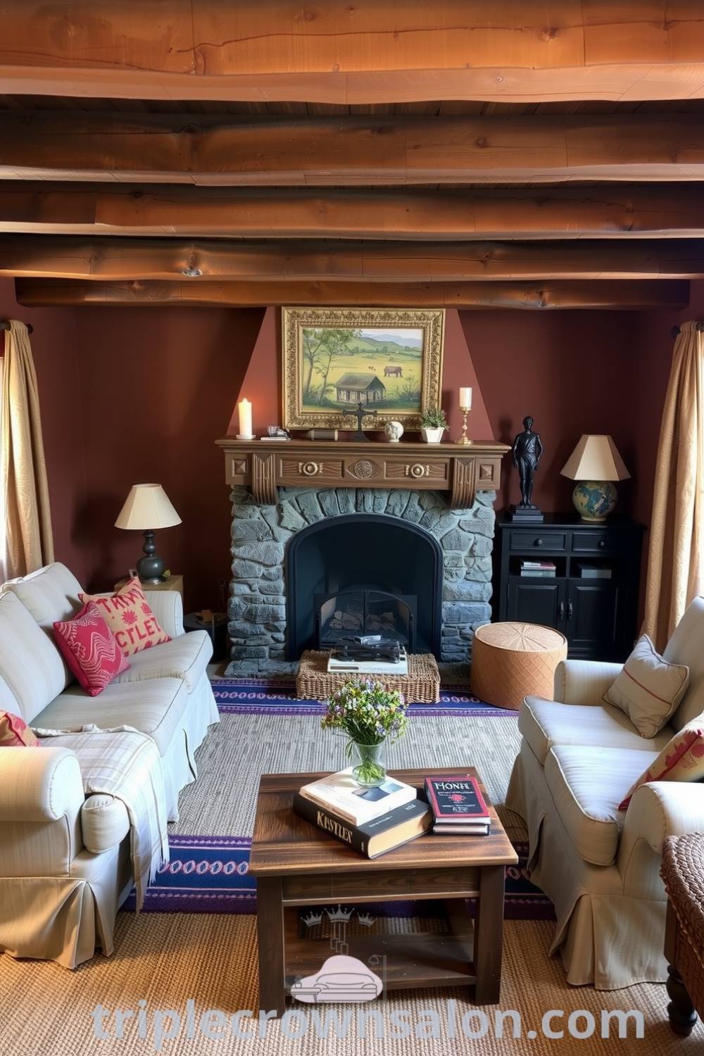Rustic living room featuring warm brown colors, exposed wooden beams, a stone fireplace, a plush sofa, a woven rug, a weathered coffee table with books and wildflowers, and soft light filtering through sheer curtains, offering cozy ideas for design and decor inspirations at triplecrownsalon.com.