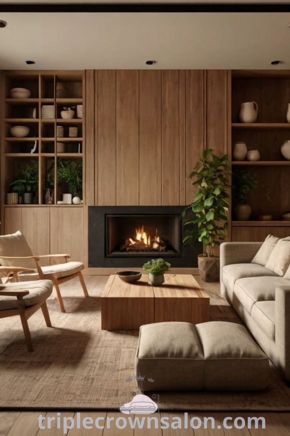 A cozy Japandi living room featuring a fireplace with a grey floor, showcasing Japanese modern design elements and functional decor ideas. This space serves as an inspiring example of cozy aesthetics for your home. Discover more inspiring decor ideas at triplecrownsalon.com.