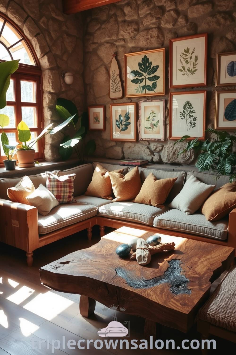 Cozy nature-inspired living room with sunlight filtering through leafy plants, reclaimed wood furniture, soft woven cushions, and a handcrafted coffee table featuring natural elements, providing decor ideas for small spaces and unique ideas for your home. For more inspirations, visit triplecrownsalon.com.