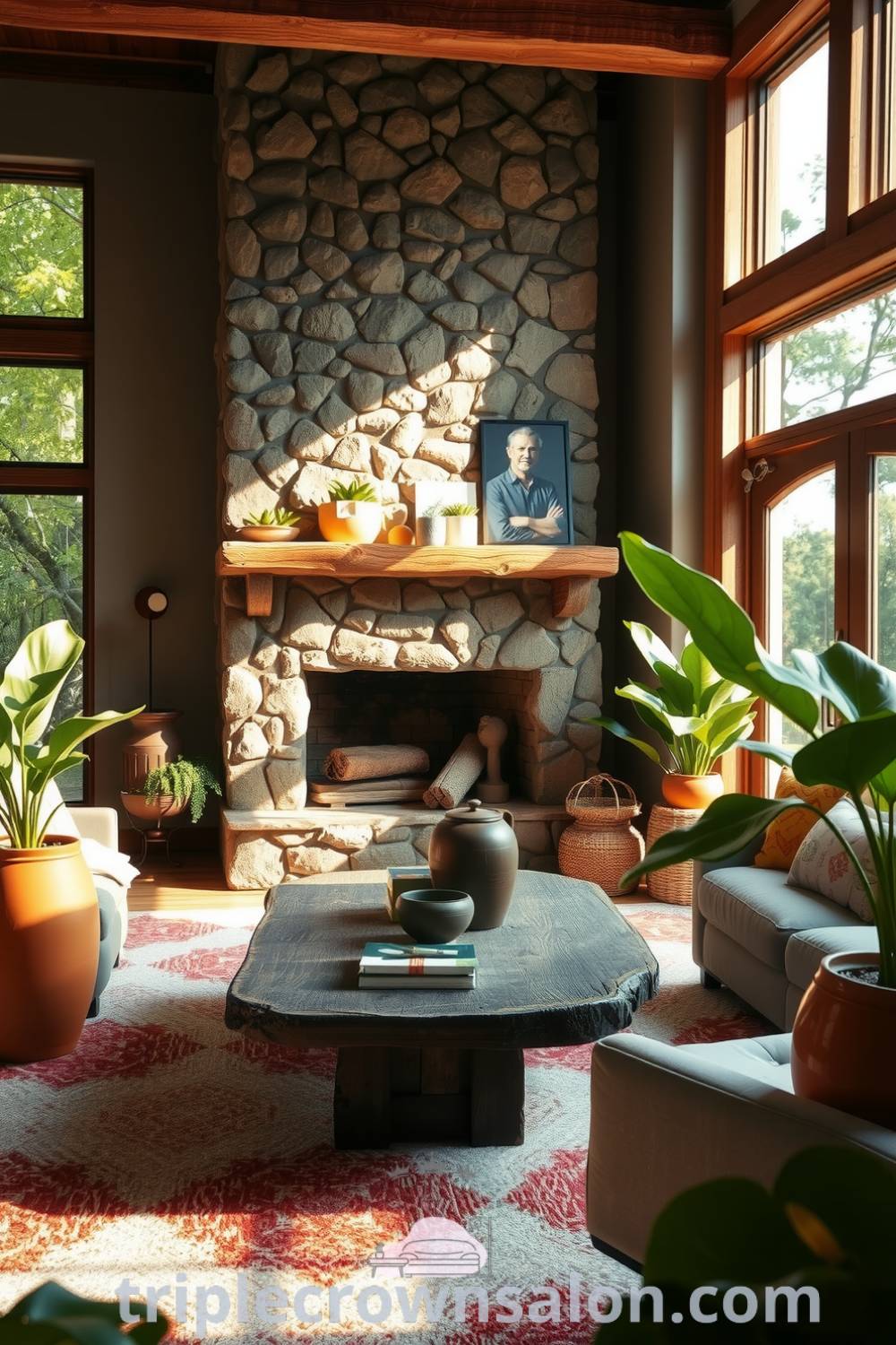 Nature-inspired living room featuring a stone fireplace, earthy tones, textured rugs, an aged wooden coffee table, and lush green plants in terracotta pots, creating a warm and inviting ambiance for relaxation and decor ideas for small spaces. Visit triplecrownsalon.com for more cozy inspirations.