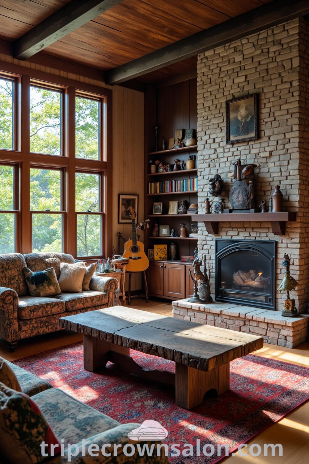 Rustic living room with a sturdy wooden coffee table, mismatched seating, and a stone fireplace, illuminated by dappled sunlight, featuring vintage knick-knacks and a warm atmosphere, presenting cozy ideas for your home, available at fireplacesandwoodstoves.com.