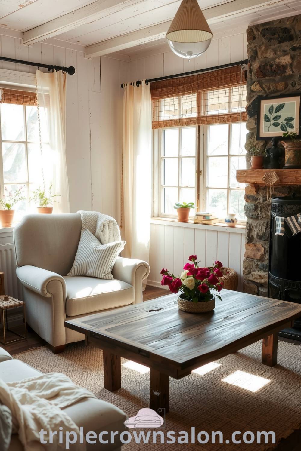 A rustic living room with sheer linen curtains, a plush armchair, a reclaimed wood coffee table, and a stone fireplace, creating a cozy home environment with decor inspirations for inviting relaxation from fireplacesandwoodstoves.com.