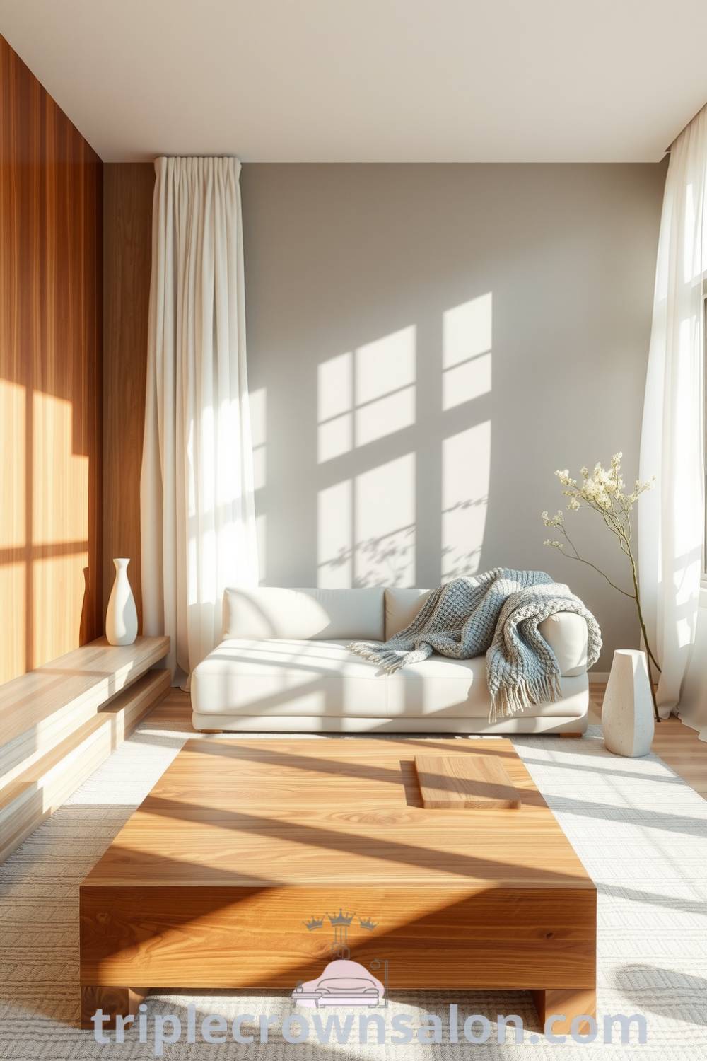 Japandi living room featuring soft grey tones, wooden elements, minimalist furnishings, a plush sofa with a knitted throw, and sunlight filtering through sheer curtains, creating a cozy and inviting atmosphere for relaxation. For more decor ideas, visit triplecrownsalon.com.
