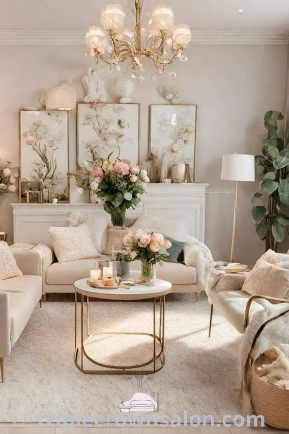 An elegant living room filled with stylish furniture, vibrant flowers, and cozy decor ideas, creating a warm and inviting ambiance. This space offers unique ideas for house interiors and aesthetic living room inspiration. Discover more design trends at triplecrownsalon.com.