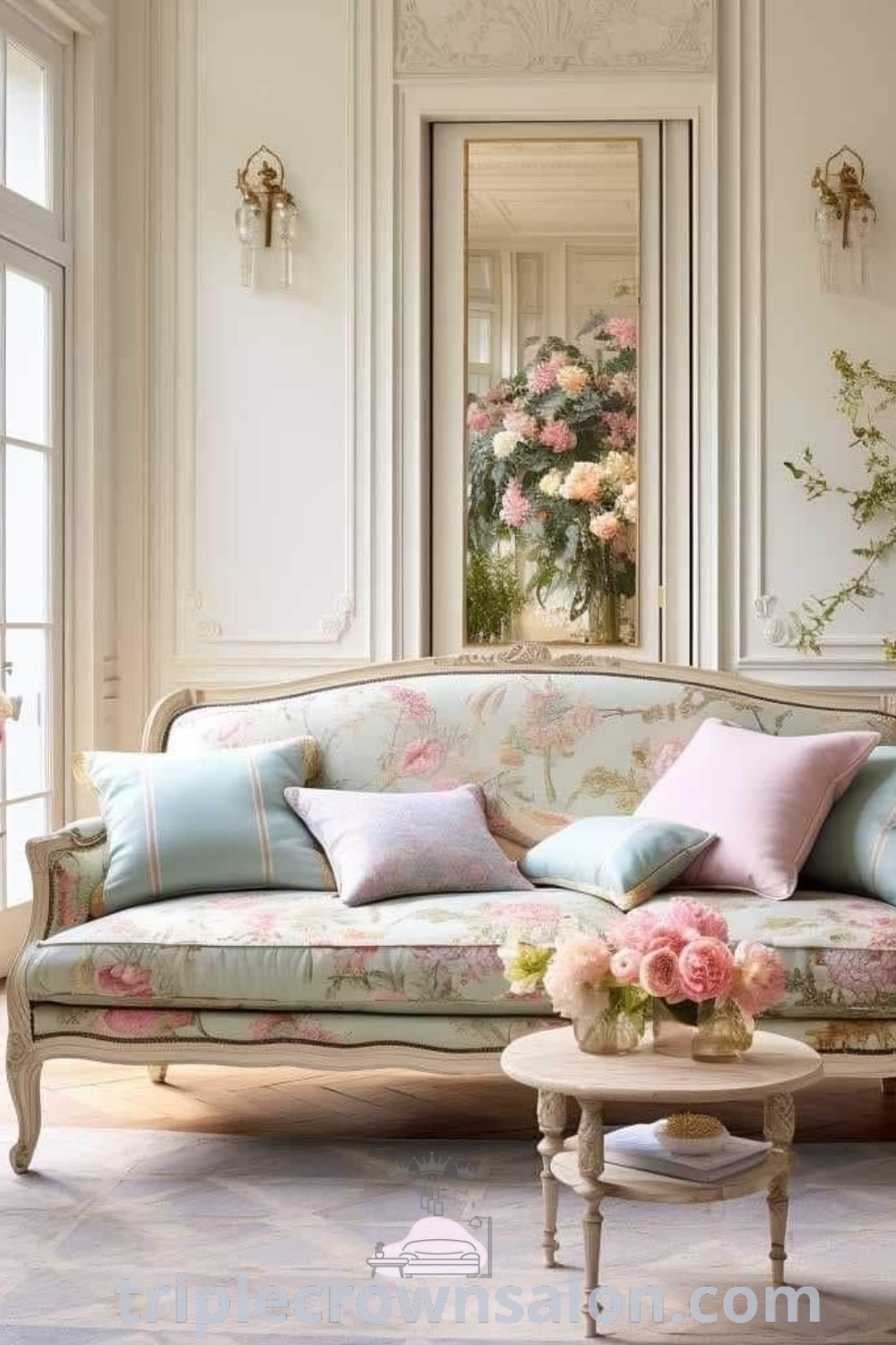 A cozy Boho sitting area filled with vibrant flowers, unique furniture, and vintage decor, embodying French country style and maximalist design. This inviting living room offers inspiring decor ideas for small spaces. Discover more unique design ideas at triplecrownsalon.com.