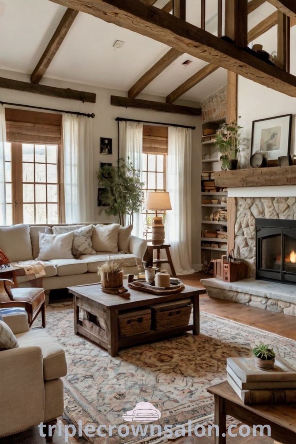 A cozy cottage modern living room filled with furniture and a fireplace, offering decor ideas that blend vintage farmhouse aesthetics with contemporary style. This inviting space showcases unique ideas for your home and is perfect for cozy decor inspirations. For more design tips, visit triplecrownsalon.com.