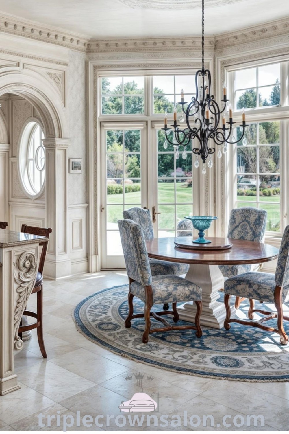 An elegant dining room featuring a beautiful chandelier, table, and chairs under large windows, providing a luxurious and inviting space. Ideal for those seeking design ideas for a cozy home. Discover more elegant dining inspirations at triplecrownsalon.com.