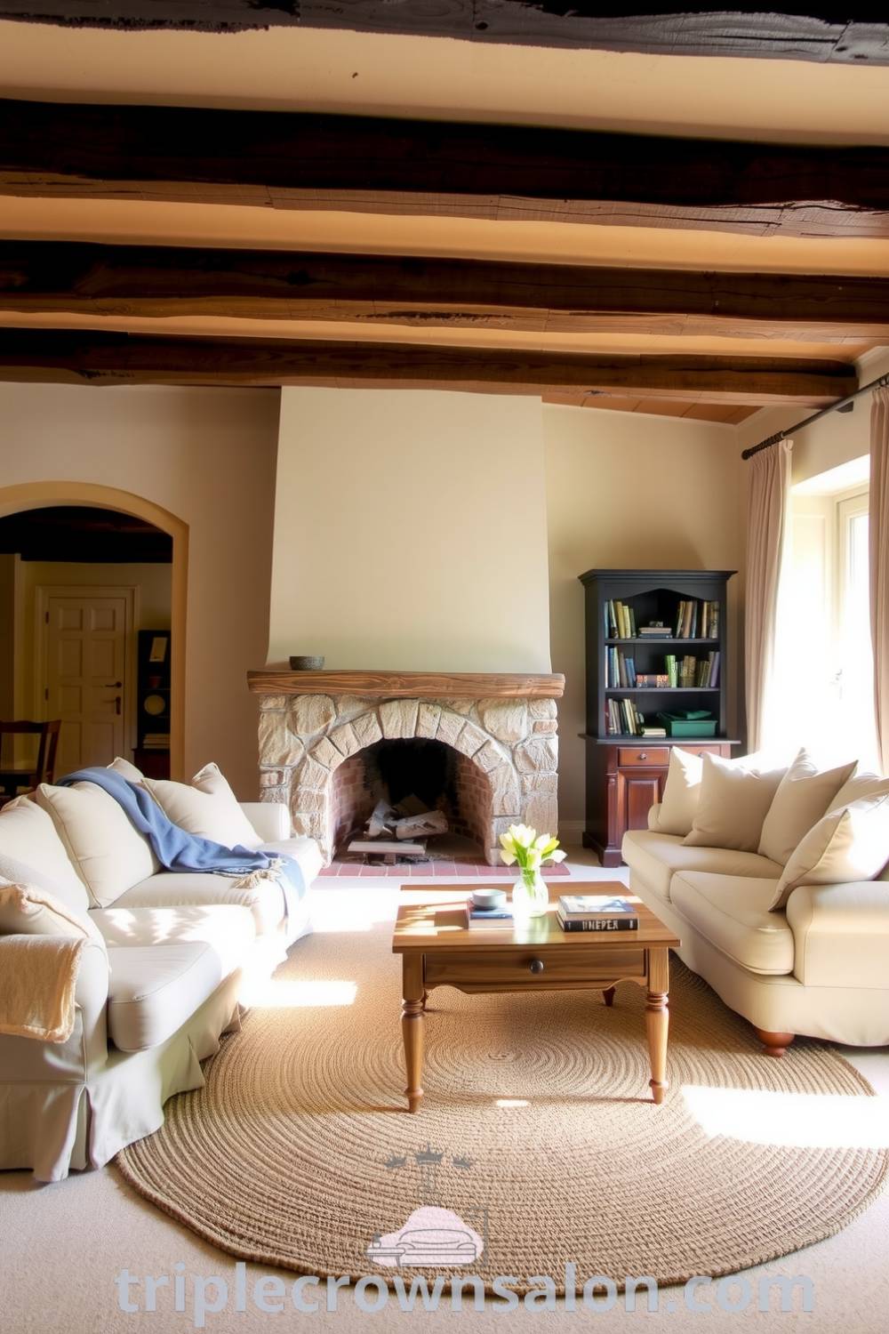 Cozy French living room with soft beige walls, dark wooden beams, a heavy linen sofa, rustic stone fireplace, woven rug, fresh flowers, and sunlight filtering through sheer curtains, showcasing cozy ideas and decor inspirations for your home on triplecrownsalon.com.