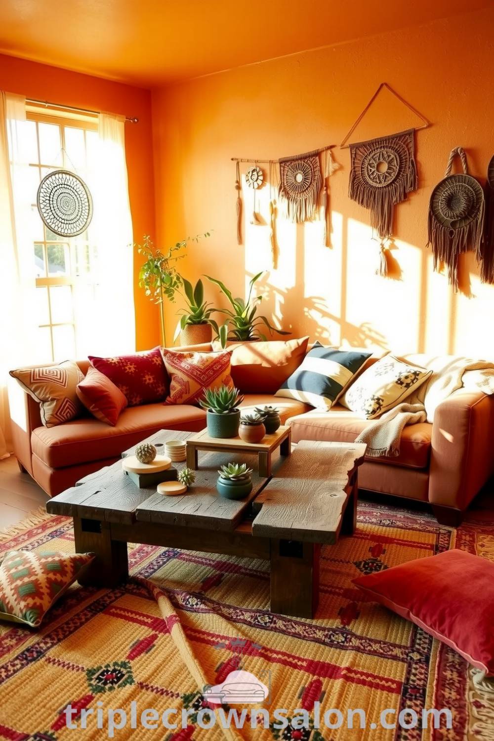 Cozy boho living room with oversized cushions, a rustic coffee table decorated with potted succulents, and warm orange tones, showcasing inviting decor ideas and designs, from fireplacesandwoodstoves.com.