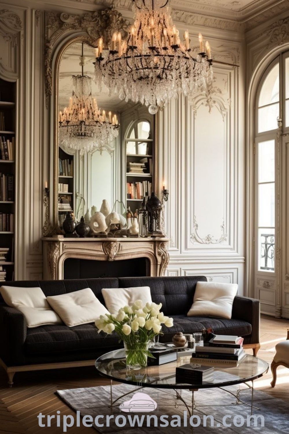 A Parisian style living room showcasing elegant furniture and a beautiful chandelier, embodying classic interior design and inspiring cozy decor ideas for your home. This luxurious space reflects old money aesthetics and French living room inspirations. Explore more unique ideas at triplecrownsalon.com.
