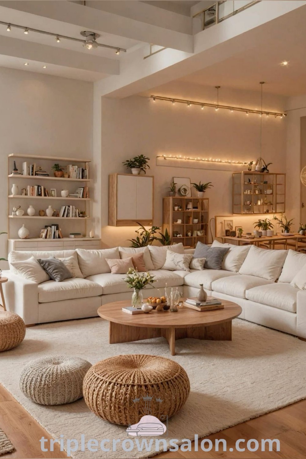 A bright living room filled with lots of white furniture showcasing organic modern design ideas. This space embodies cozy aesthetics and serves as a perfect example of modern living room ideas. Explore inspiring decor ideas for small spaces and more at triplecrownsalon.com.