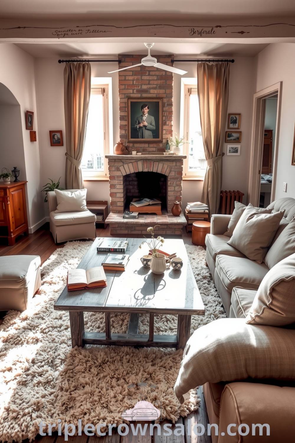 Cozy rustic living room with a weathered wooden coffee table, soft neutral cushions on a faded rug, and sunlight filtering through sheer curtains, creating a warm and inviting atmosphere. Visit fireplacesandwoodstoves.com for cozy home ideas and decor inspirations.