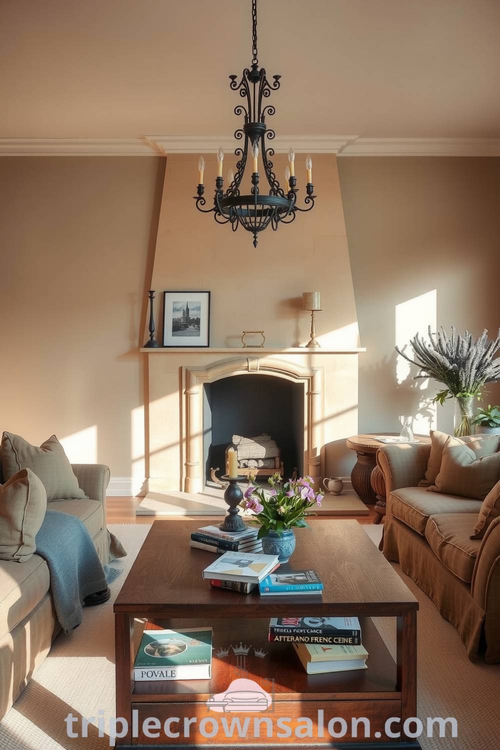 Elegant French living room with soft beige walls, a stone fireplace, overstuffed floral sofas, a weathered wooden coffee table, and decor elements like lavender, creating a cozy and inviting atmosphere for everyday life. Visit triplecrownsalon.com for more cozy home design ideas and inspirations.
