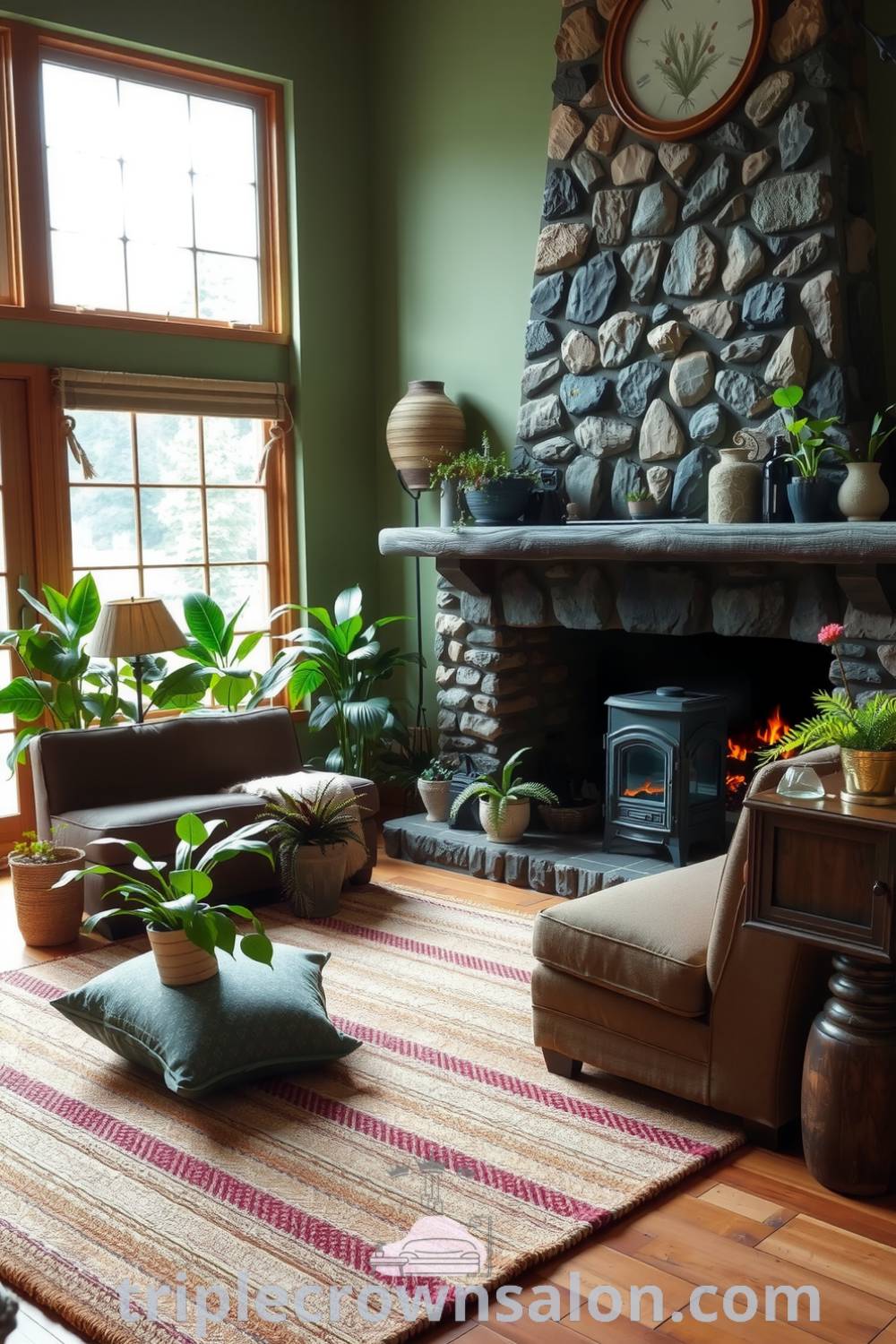 Cozy nature-inspired living room featuring soft green and earthy brown colors, a plush woven rug, a rustic stone fireplace, large windows with natural light, and flourishing potted ferns and leafy plants, offering inspiration and decor ideas for a cozy aesthetic at triplecrownsalon.com.