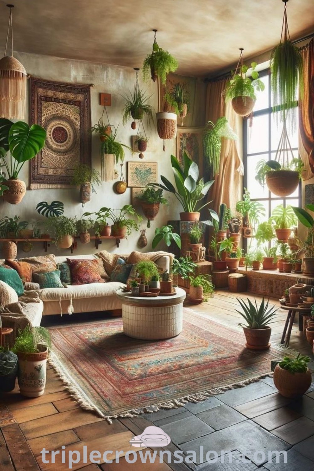 A living room filled with interior plants, featuring a stylish black plant wall, vintage decor, and hanging plant elements, offering inviting decor ideas and inspirations for homes or apartments. Discover unique ideas for a cozy home at triplecrownsalon.com.