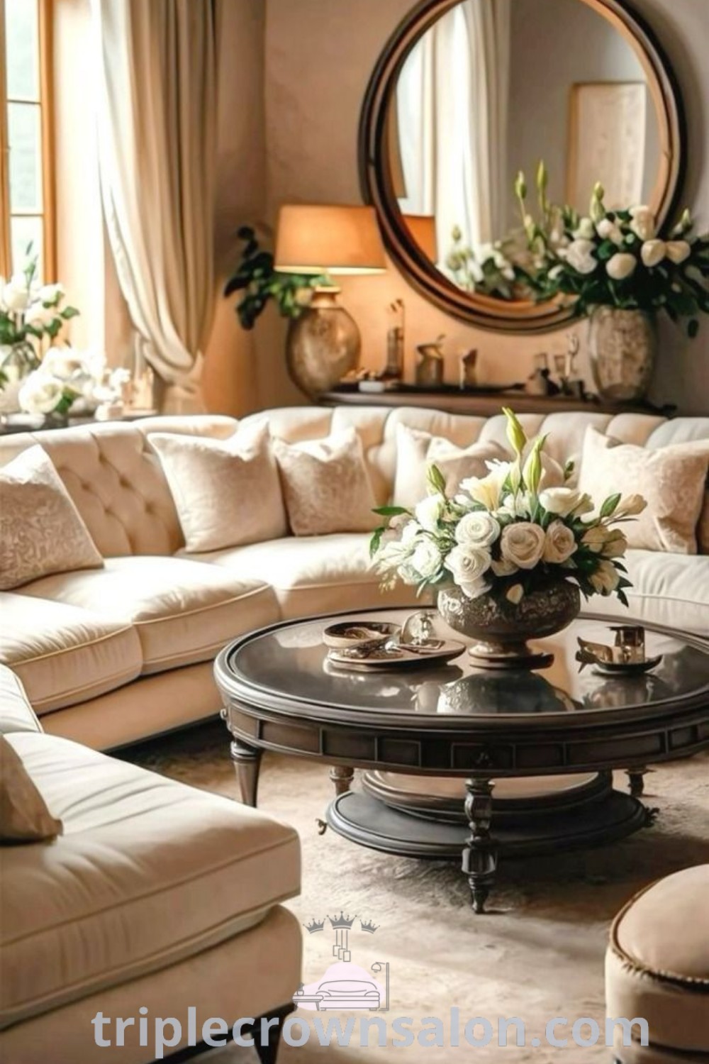 A luxurious living room featuring a dark wood coffee table decorated with flowers, showcasing elegant living room decor ideas. This inviting space incorporates light academia elements and French design inspirations, perfect for creating a cozy home. Explore more decor ideas and inspirations at wellnesswink.com.