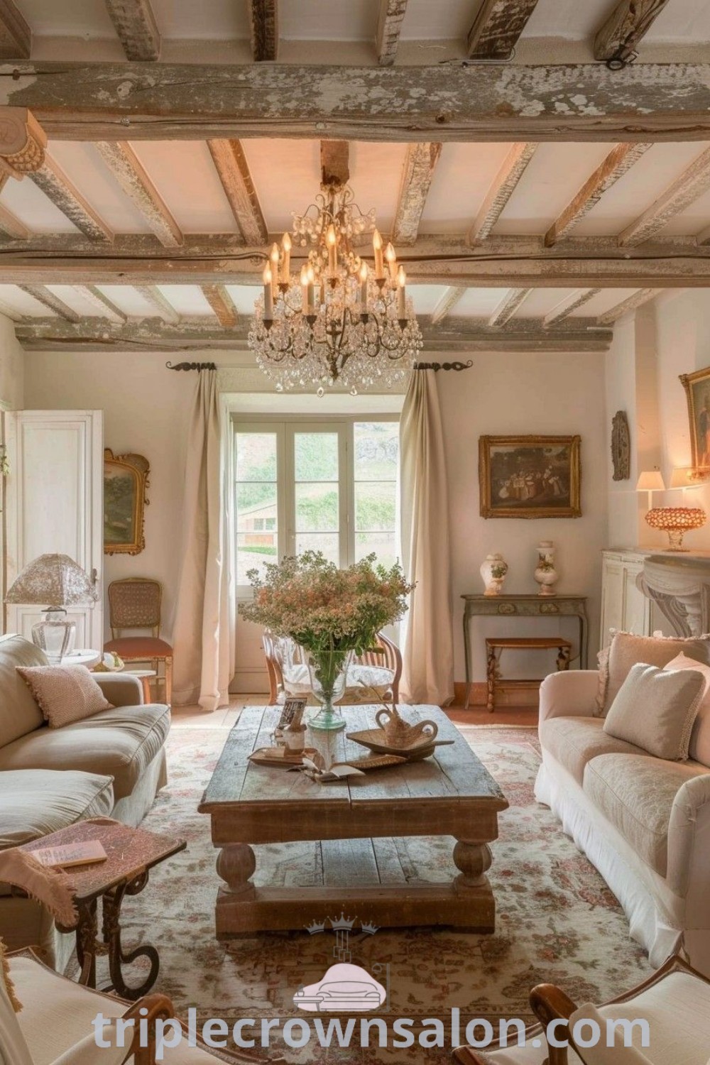 A cozy French Country living room featuring elegant furniture, a beautiful chandelier, and rustic decor inspirations. This inviting space reflects the essence of French Cottage Interiors, providing ideas you need to see for a stylish and warm home. Discover more decor ideas at triplecrownsalon.com.