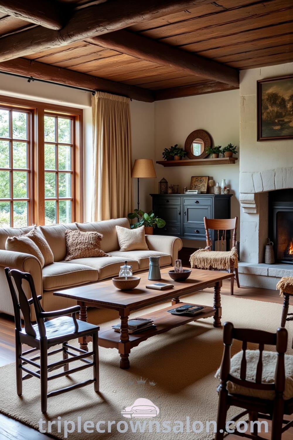 Cozy rustic living room with a wooden coffee table, mismatched chairs, a well-worn sofa adorned with knitted blankets, and a stone fireplace, offering unique decor ideas and inspirations for your home, featured on fireplacesandwoodstoves.com.