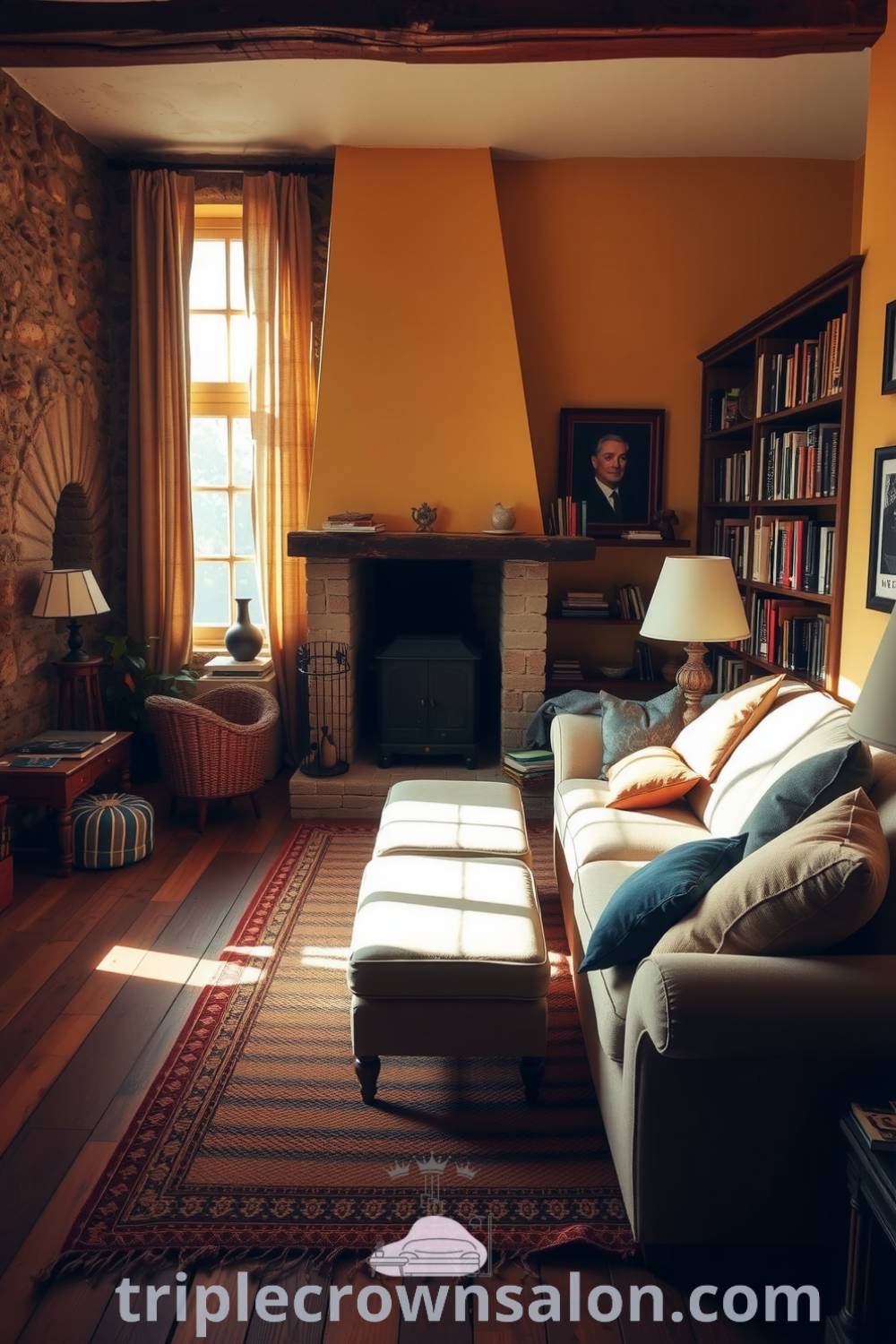 Warm rustic living room with weathered wooden floors, a hand-carved fireplace, plush mismatched cushions, bookshelves with novels, and a handwoven rug creating a cozy aesthetic, featured at triplecrownsalon.com.