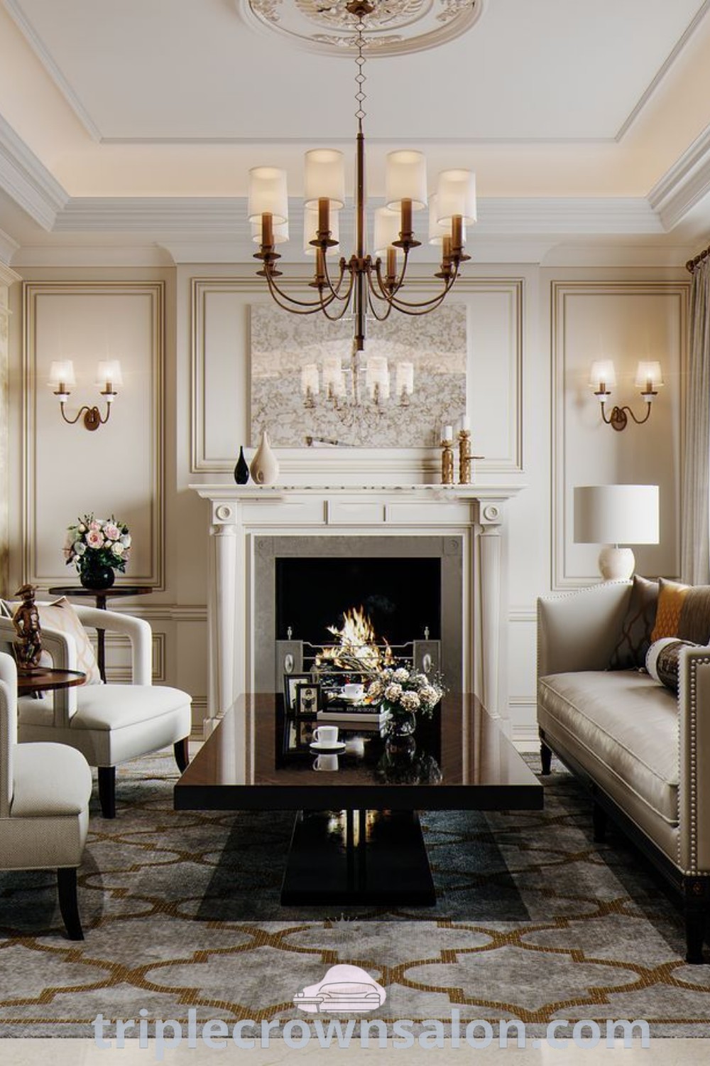 A cozy Neo Classic living room filled with luxurious furniture, a stylish coffee table, and a stunning fireplace under a chandelier. This inviting design showcases unique ideas for your home, blending traditional and modern aesthetics. Discover more decor ideas for small spaces and inspiring designs at triplecrownsalon.com.