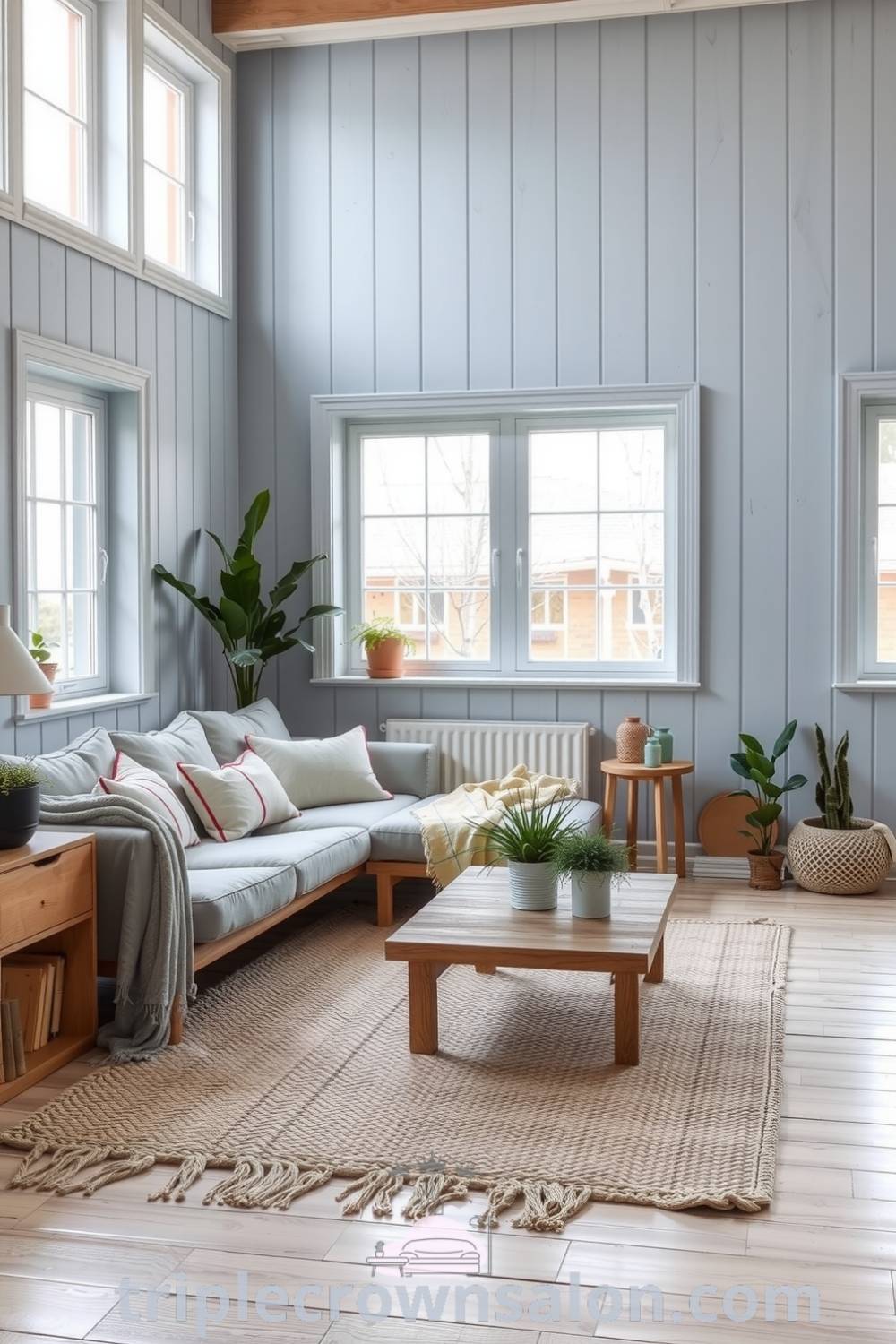 Scandinavian living room featuring soft blue tones, natural light from large windows, light wood paneling, a plush muted sofa, a handwoven rug, and potted plants, embodying cozy decor ideas for your home on triplecrownsalon.com.
