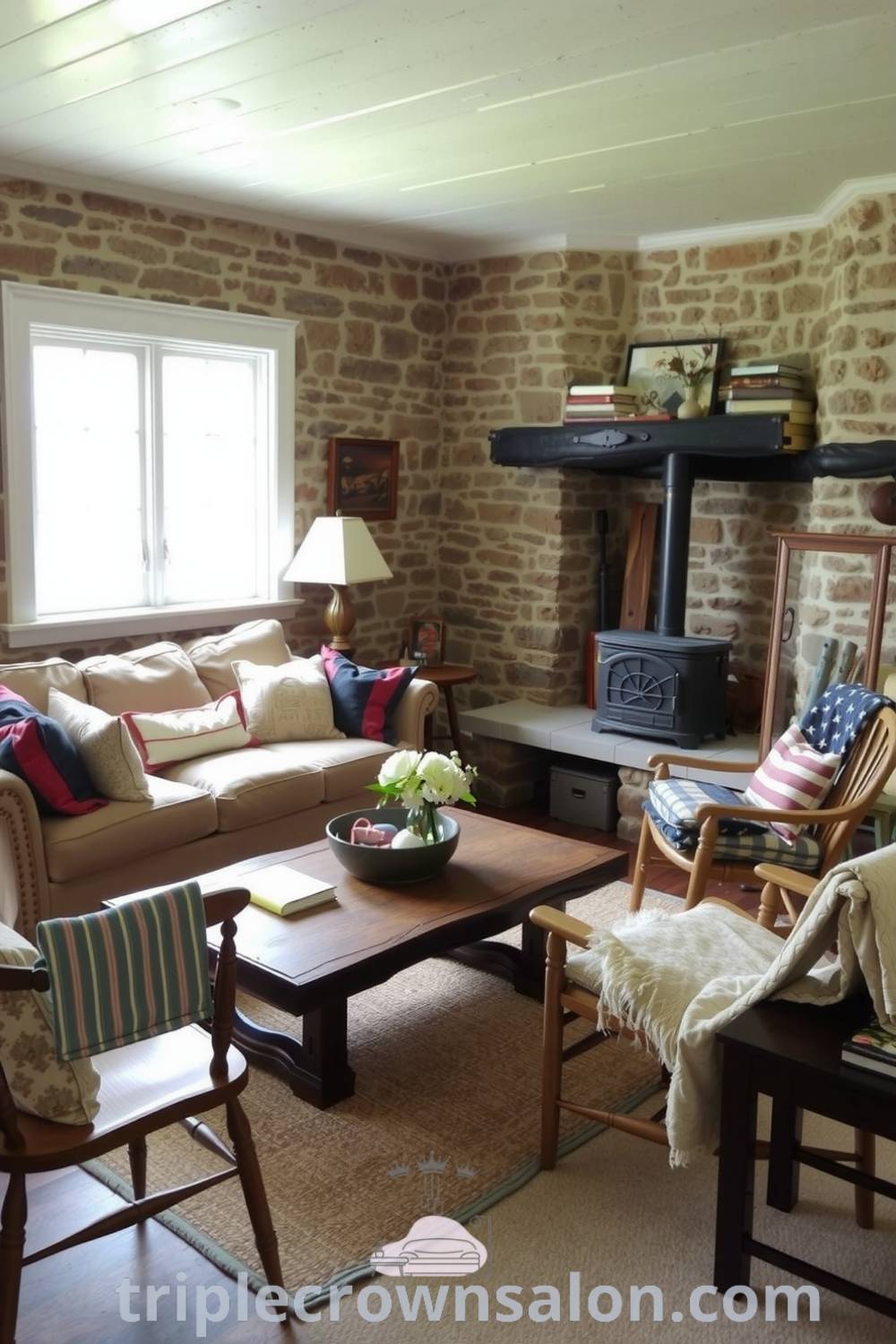 Beige-themed farmhouse living room with textured stone walls, overstuffed sofa, patchwork pillows, rustic reclaimed wood coffee table, and mismatched chairs, embodying cozy ideas and decor inspirations for creating a warm and inviting space at triplecrownsalon.com.
