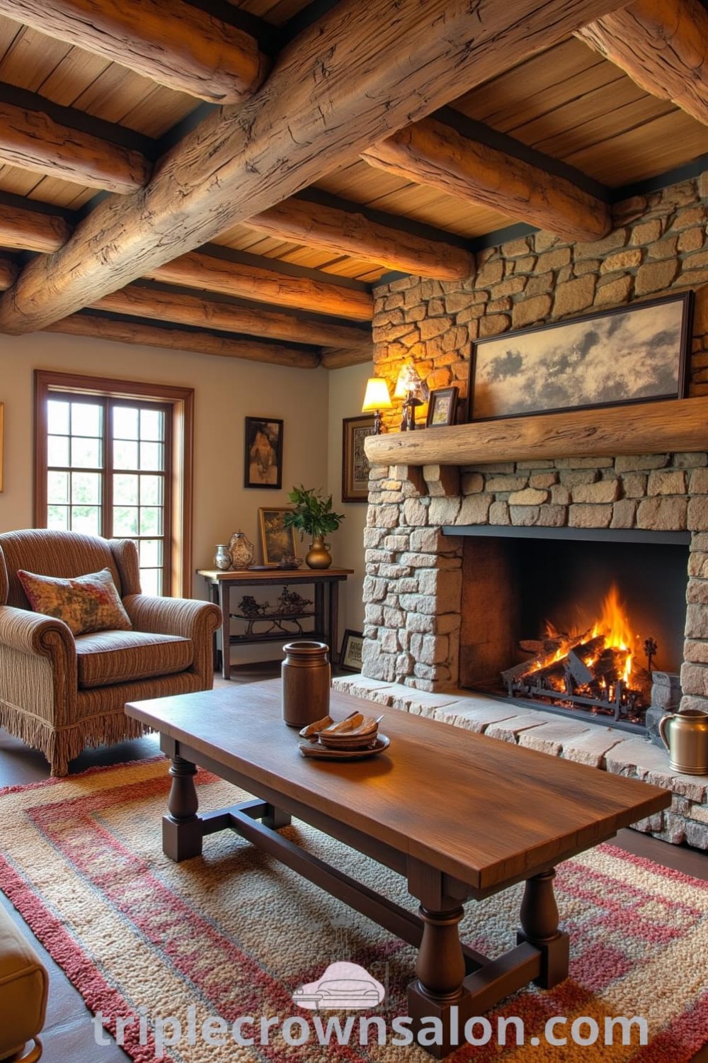 Rustic living room with weathered wooden beams, a stone fireplace, an oak coffee table, and a plush armchair, creating a cozy and inviting atmosphere for relaxation, featuring decor ideas for a cozy home at fireplacesandwoodstoves.com.