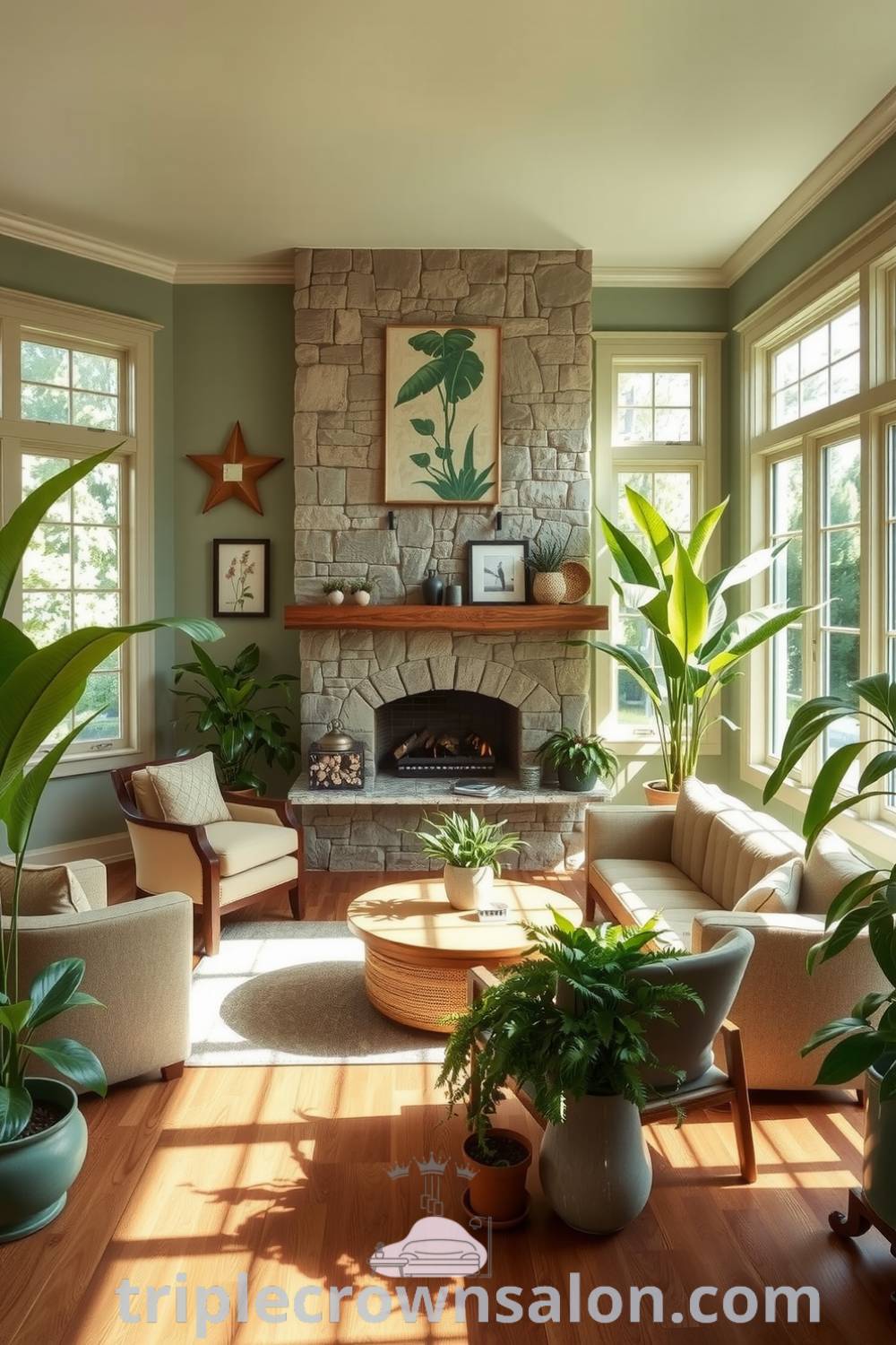 Nature-inspired living room featuring a stone fireplace, earthy armchairs, large windows, wooden floors, and potted plants, creating a cozy and tranquil space perfect for unwinding after a long day. Visit triplecrownsalon.com for more cozy decor ideas.