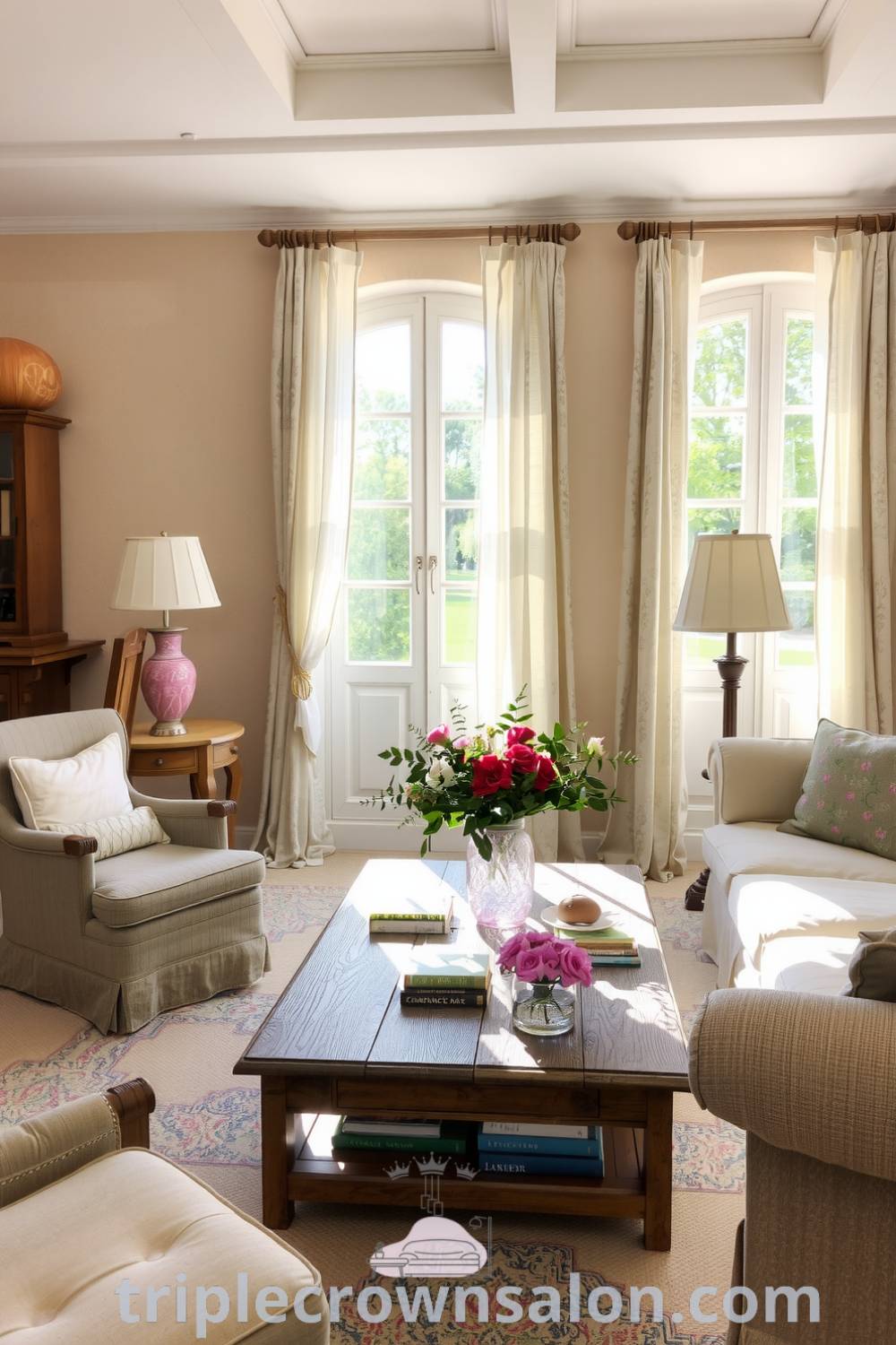 Cozy French living room featuring soft pastel tones, plush armchairs and sofa with faded floral fabric, a wooden coffee table with books and vases of seasonal blooms, and sunlit ambiance, offering inspiration for cozy home decor ideas from triplecrownsalon.com.
