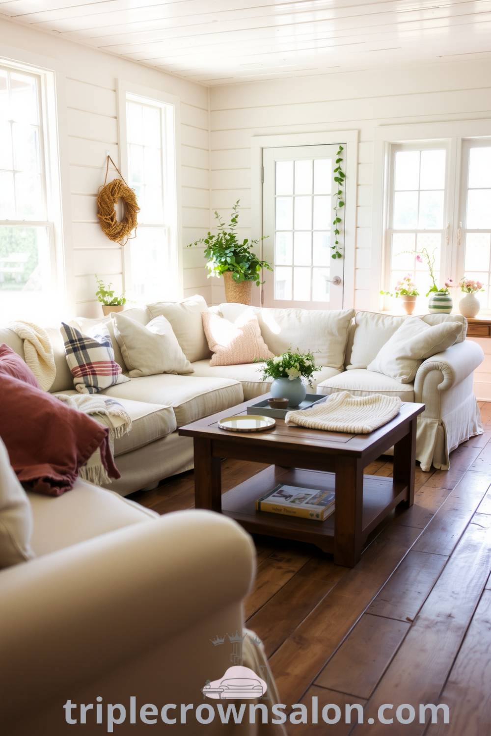 Cozy farmhouse living room with warm wooden floorboards, rustic furniture, soft upholstery, cozy blankets, and potted plants, creating an inviting atmosphere. Visit triplecrownsalon.com for cozy home decor ideas and inspirations.