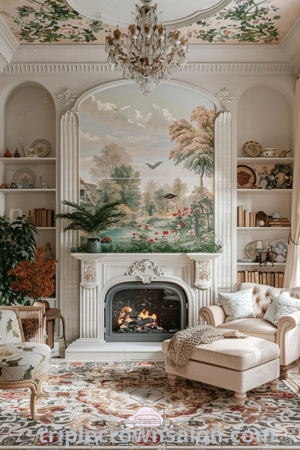 A romantic interior design living room with plush furniture and a cozy fireplace, showcasing elegant decor ideas and inspirations for small spaces. This inviting area reflects design trends perfect for creating a cozy aesthetic at triplecrownsalon.com.