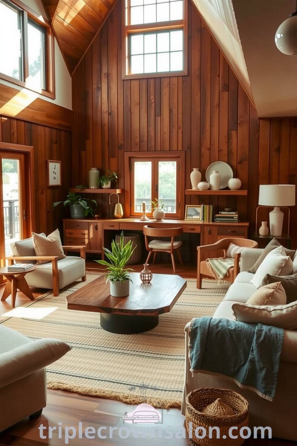 Japandi living room featuring warm wood accents, neutral textiles, a reclaimed wood coffee table, a woven jute rug, and potted greenery, showcasing cozy ideas and decor inspirations for your home on triplecrownsalon.com.