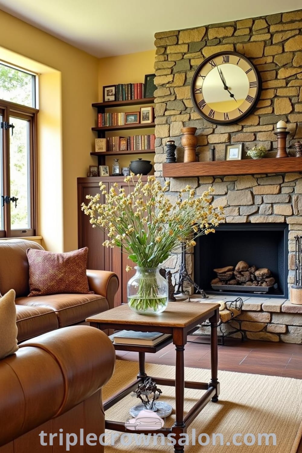 Cozy rustic living room with soft yellow walls, a worn leather sofa, a stone fireplace, weathered wooden shelves filled with books and family photos, and a vase of fresh wildflowers, showcasing unique decor ideas for your home at fireplacesandwoodstoves.com.