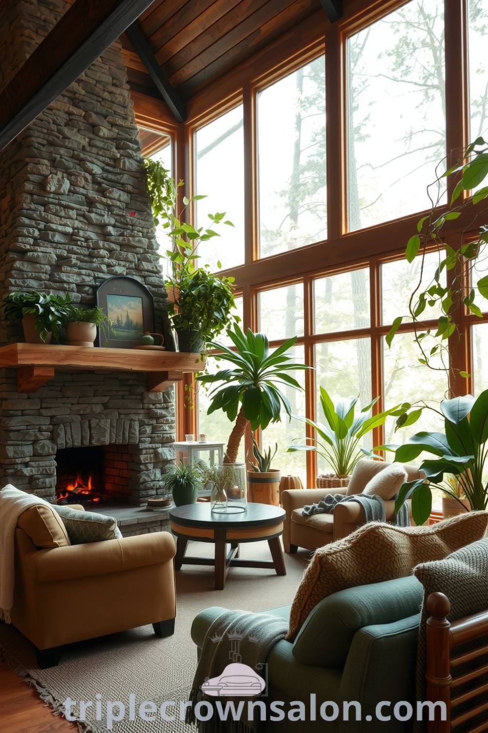 Nature-inspired living room featuring earthy tones, warm wooden furniture, a large stone fireplace, and lush leafy plants, creating a cozy and inviting atmosphere reminiscent of a tranquil retreat. Cozy home decor ideas from triplecrownsalon.com.