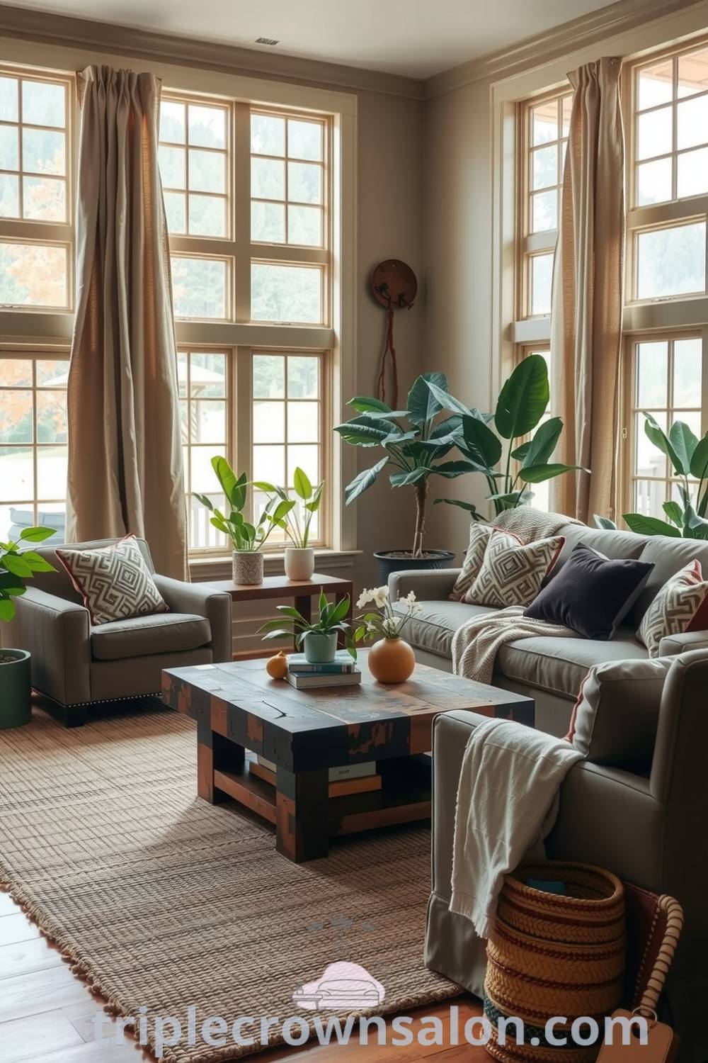 Living room designed with earthy tones, featuring a plush woven rug, reclaimed wood coffee table, large windows with natural linen drapes, potted plants, and a smooth stone accent wall, embodying cozy decor ideas inspired by nature. Visit triplecrownsalon.com for unique ideas and design tips.