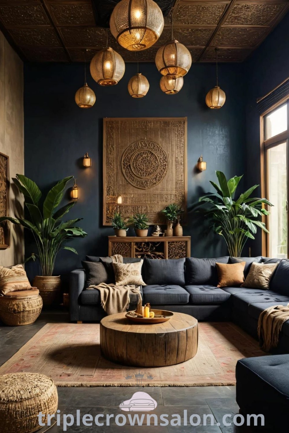 A modern boho living room filled with abundant furniture, lush indoor plants, and earthy decor, creating a cozy atmosphere and inspiring design ideas for your home. Discover unique decor inspirations and cozy aesthetic styles at triplecrownsalon.com.