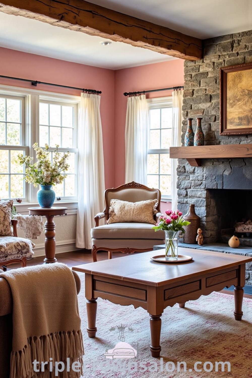 Cozy living room featuring soft pink walls, exposed wooden beams, and a stone fireplace, with unique vintage furniture and soothing decor inspirations that promote warmth and relaxation. For more cozy ideas, visit fireplacesandwoodstoves.com.