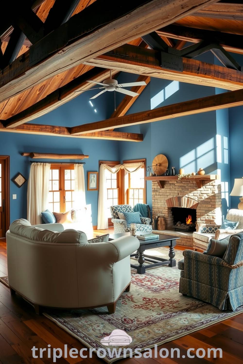 Cozy living room featuring blue hues, weathered wooden beams, a plush area rug, a stone fireplace, vintage furniture, and filtered sunlight through sheer curtains, showcasing cozy ideas and decor inspirations for your home at triplecrownsalon.com.