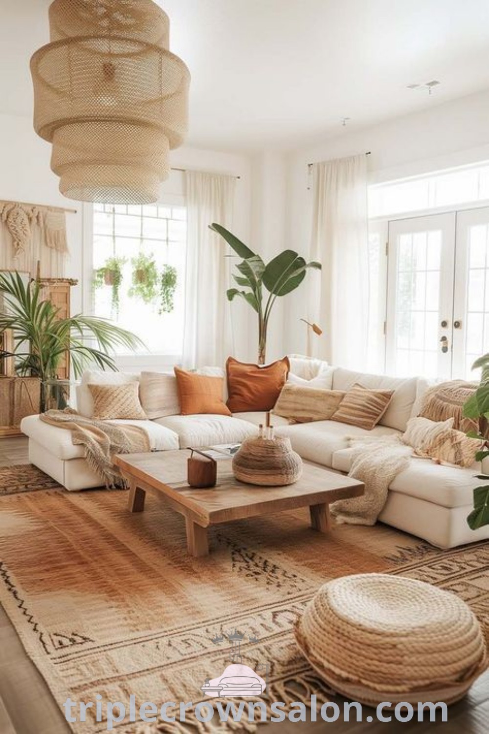 A clean and neutral aesthetic living room featuring earthy boho decor with organic textures, bright natural light, and inviting furnishings. This organic earthy living room serves as an inspiring design idea for creating a cozy home. Discover more decor ideas at wellnesswink.com.