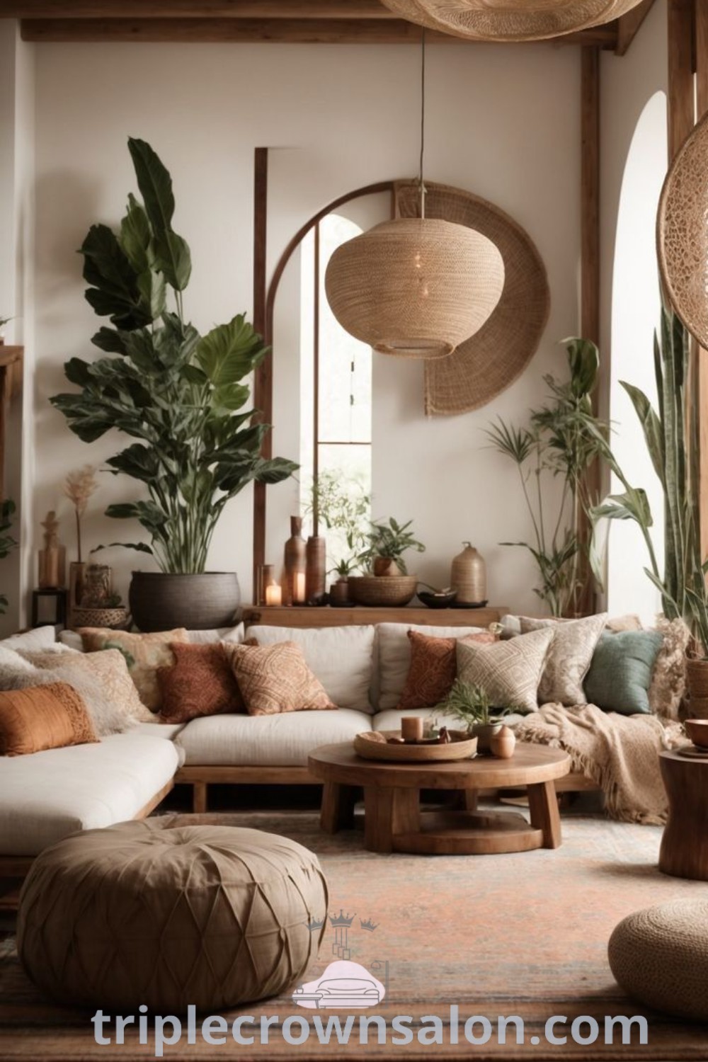 An earthy boho living room featuring a variety of furniture and lively plants, showcasing cozy decor ideas for creating a natural and inviting space. Discover unique inspirations for your home at triplecrownsalon.com.