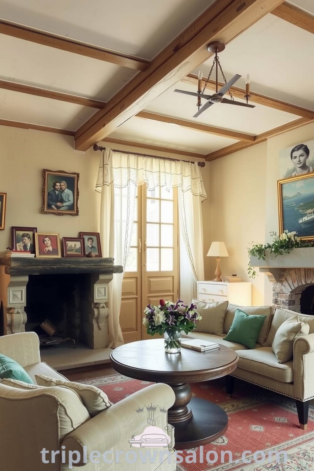 Cozy French living room featuring weathered wooden beams, warm beige walls with vintage artwork, lace-trimmed curtains, a faded sofa, and a rustic stone fireplace, complemented by fresh flowers, showcasing cozy ideas and decor inspirations for your home on triplecrownsalon.com.