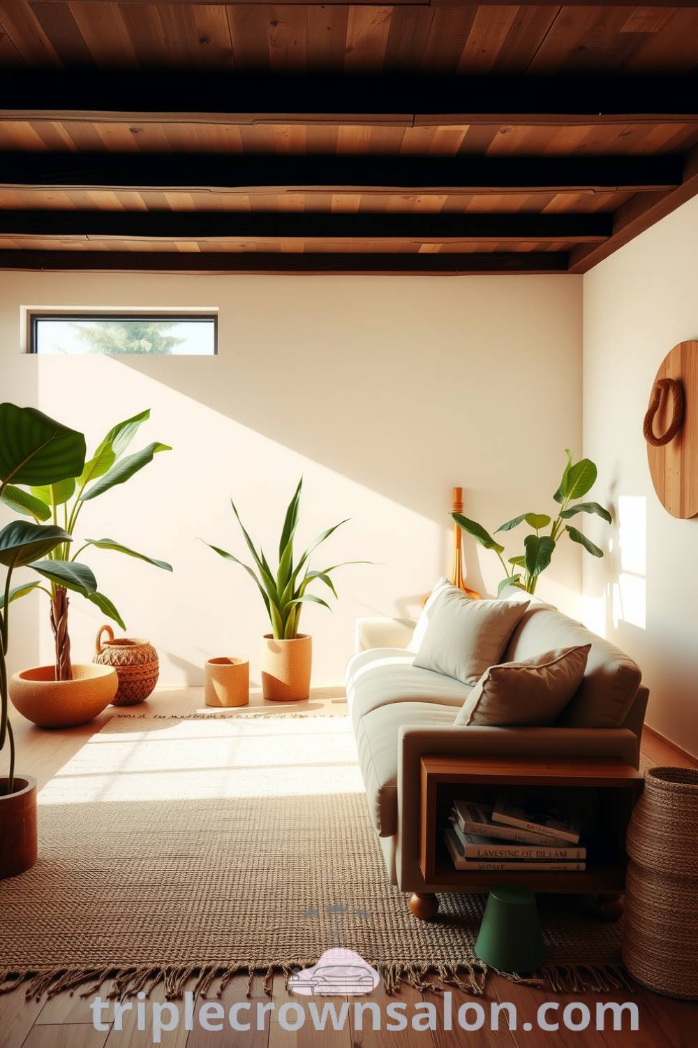 Nature-inspired living room featuring soft beige walls, wooden furniture, lush green plants in terracotta pots, an oversized cozy sofa, and a handwoven jute rug, showcasing cozy ideas and inspiring decor ideas for small spaces at triplecrownsalon.com.