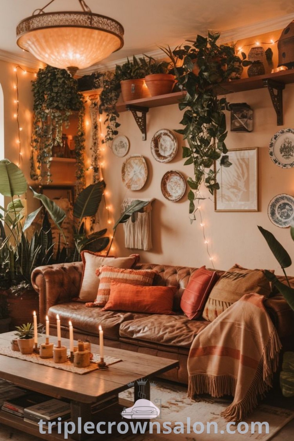 A colorful maximal boho living room with vintage leather furniture, a coffee table, and lush potted plants, creating a cozy and inviting atmosphere filled with unique decor ideas. Explore more cozy home inspirations at wellnesswink.com.