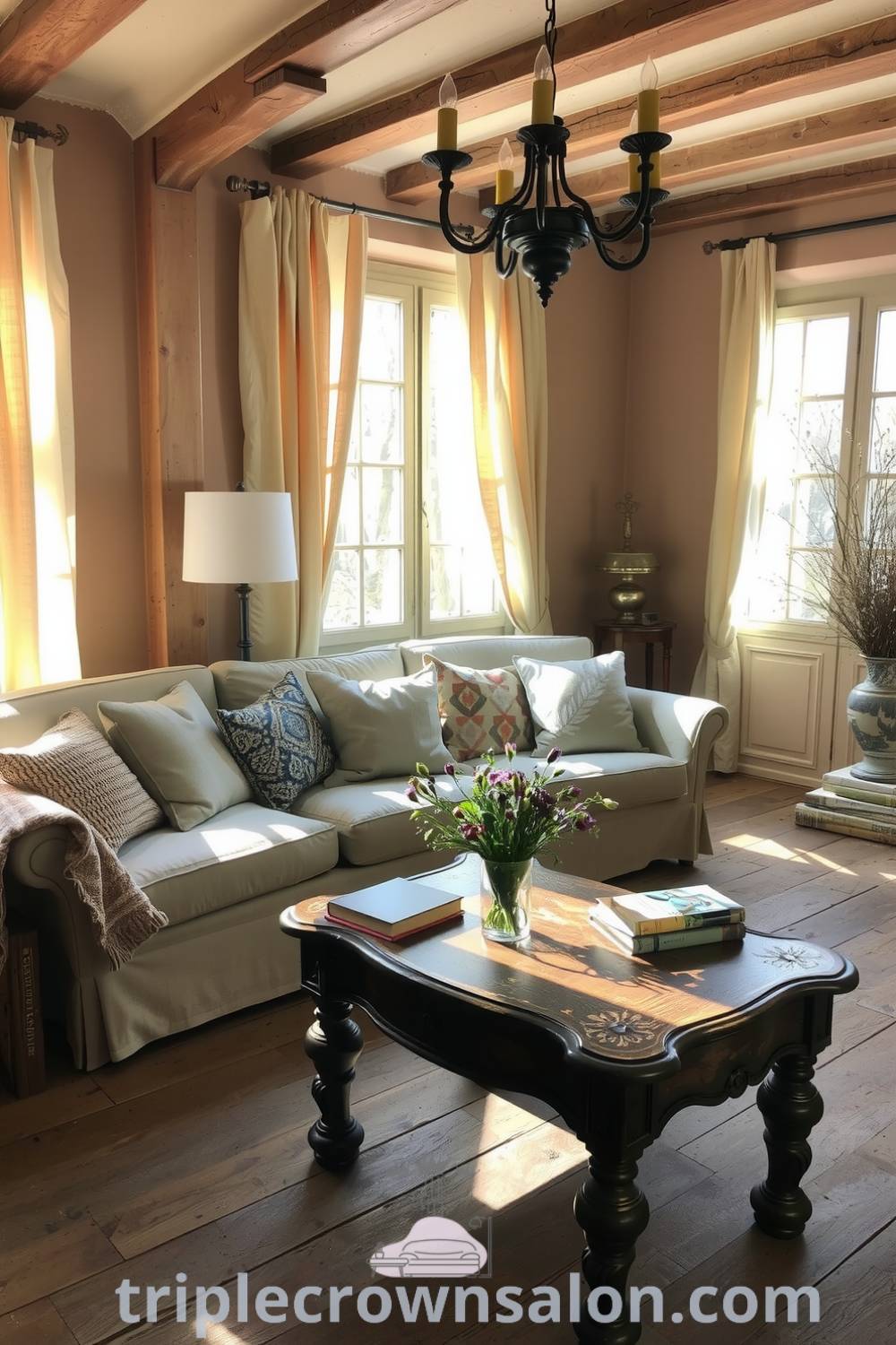Cozy French living room featuring soft, golden light, an overstuffed pastel sofa adorned with handwoven cushions, an antique coffee table with vintage books and a vase of wildflowers, creating a warm and inviting atmosphere for relaxation. Visit triplecrownsalon.com for more inspiring decor ideas.