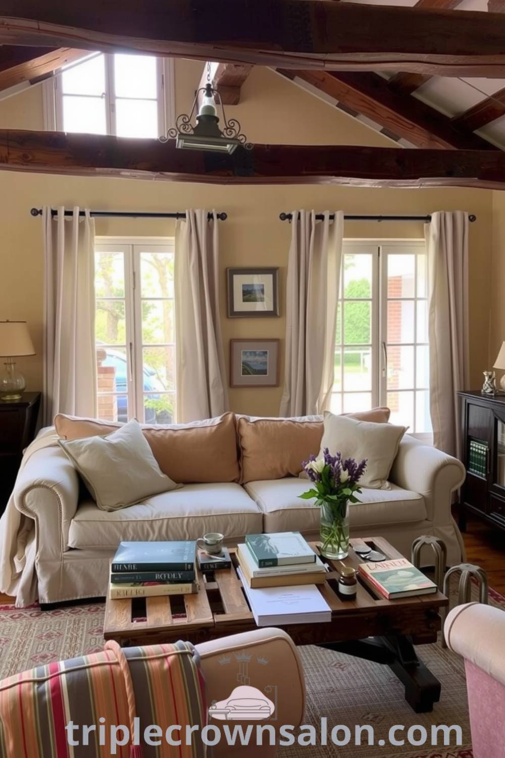 Cozy French living room with soft natural light filtering through linen curtains, warm creamy walls, plush faded sofa, a rustic reclaimed wood coffee table with art books and fresh flowers, creating an inviting and timeless atmosphere. Visit triplecrownsalon.com for Cozy home decor ideas.