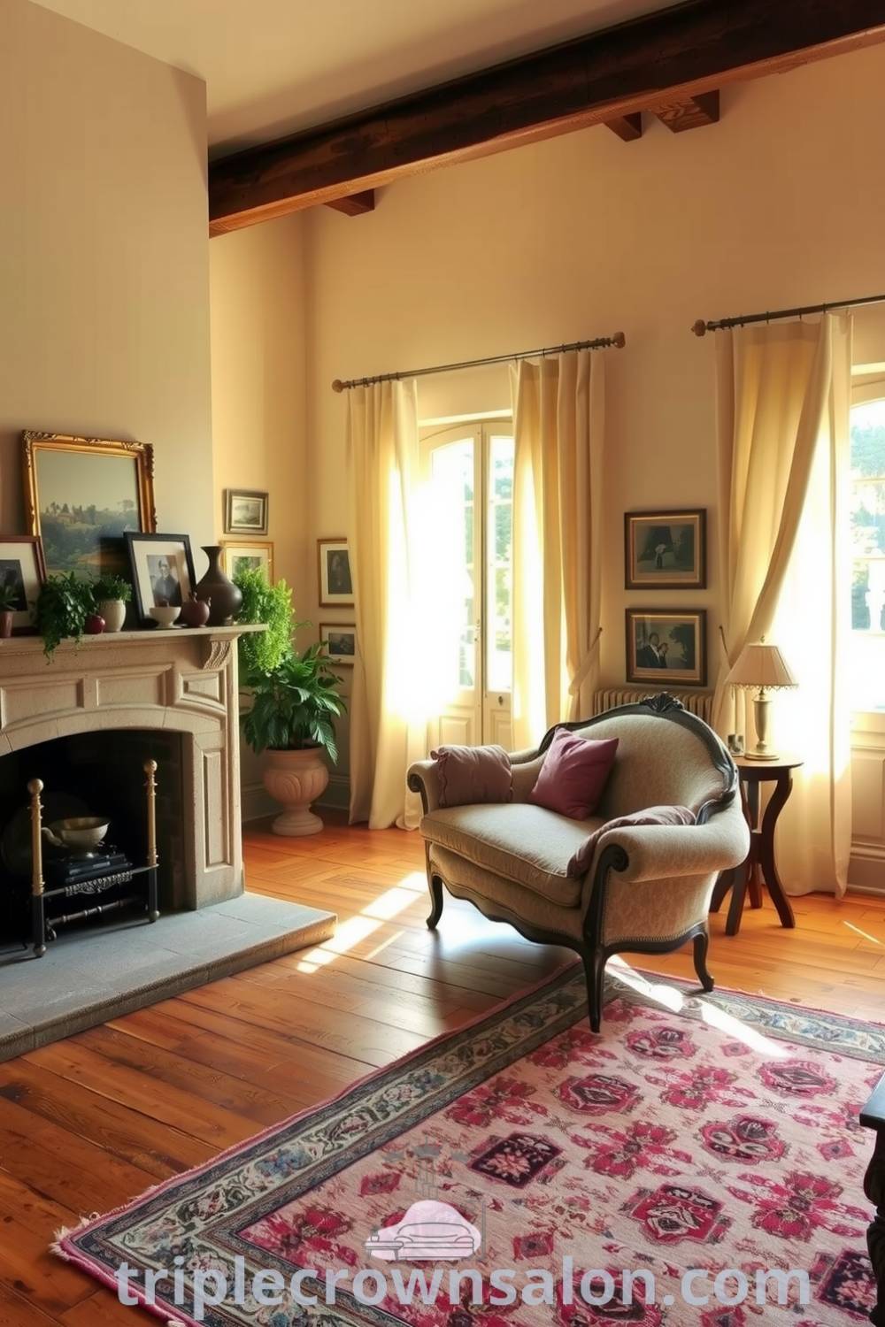 Cozy French living room with soft golden light, warm cream walls, vintage floral settee, rustic stone fireplace, large window with linen curtains, and elegant oriental rug, showcasing inspiring decor ideas for a cozy home at triplecrownsalon.com.