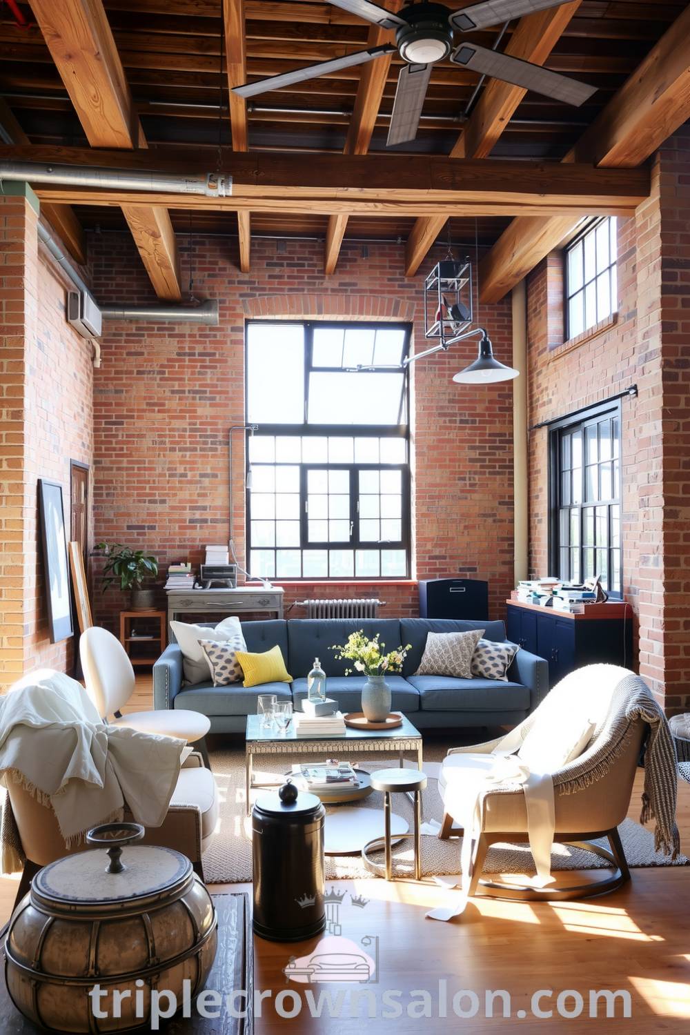 Industrial living room with exposed brick walls, rustic wooden beams, a cozy grey sofa, metal accents, and soft textiles, showcasing unique decor ideas that inspire a cozy aesthetic for your home at triplecrownsalon.com.