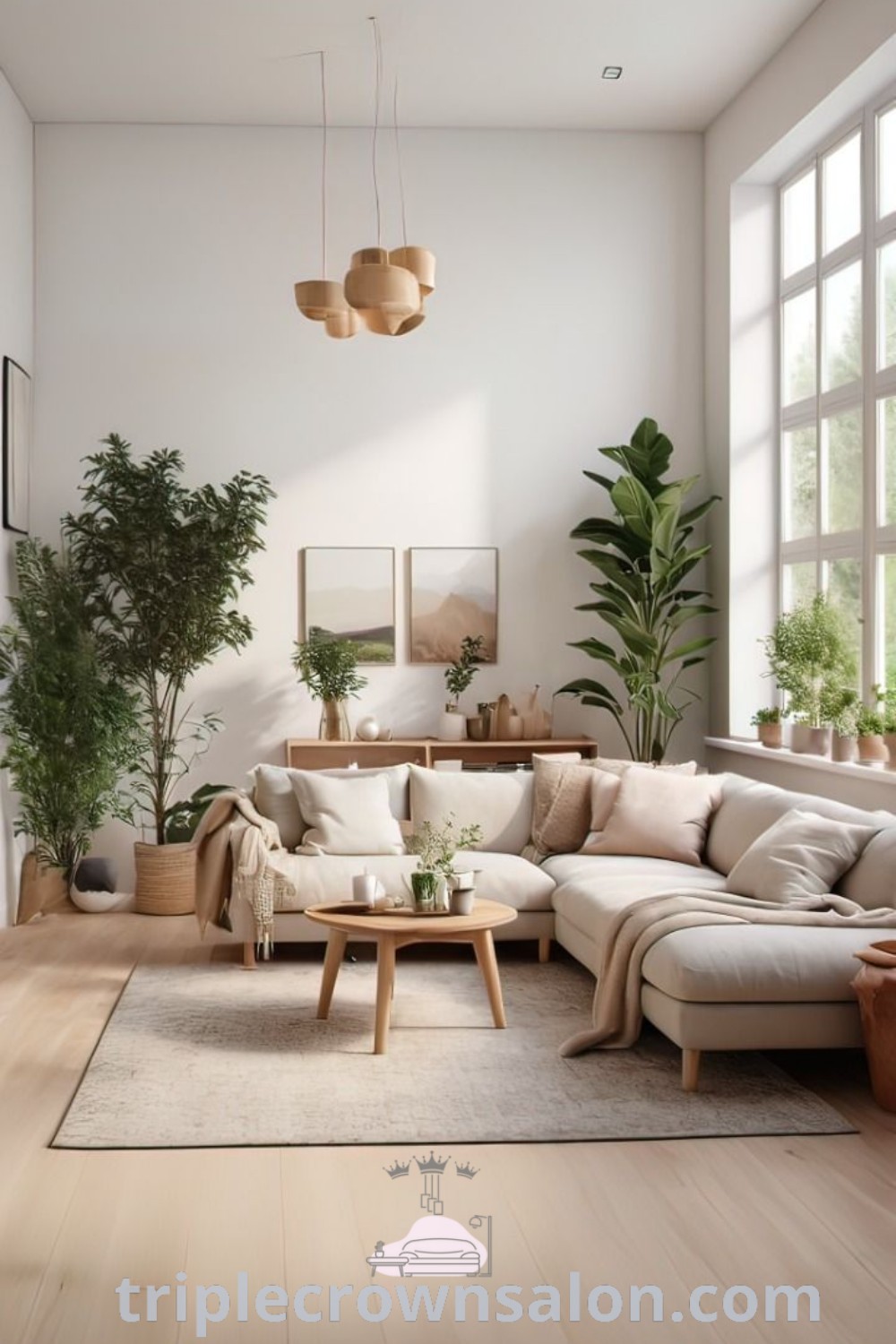 A cozy beige and grey living room filled with furniture and potted plants, showcasing minimalist design ideas and decor inspirations. Perfect for small spaces, this inviting design offers unique setups for your home. Visit triplecrownsalon.com for more inspiring ideas.